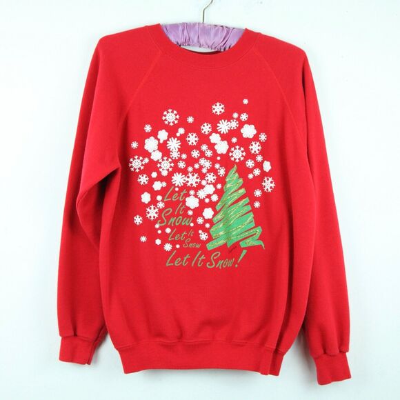 Vintage 90s Red Raglan Crewneck Sweatshirt Christmas L Ugly Granny Sweater - Picture 1 of 6